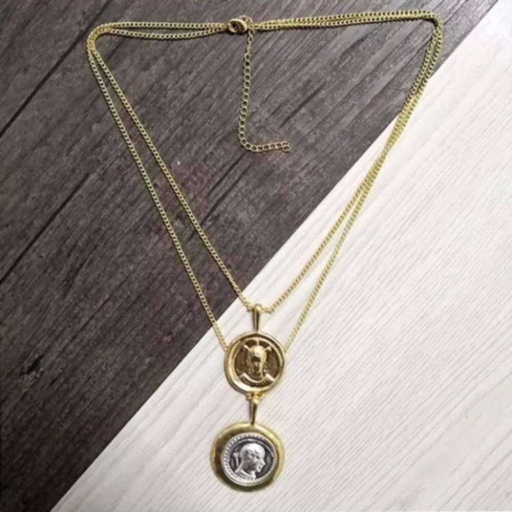 Coin Pendant Vintage Double Chain Layered Necklace - Picture 11 of 12
